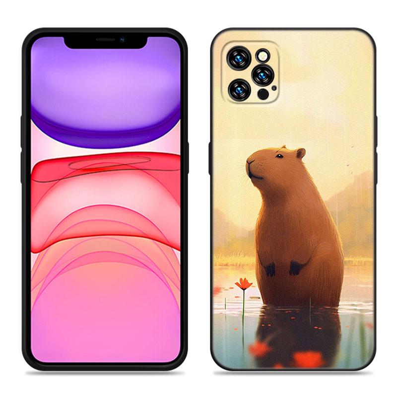 Cute Cartoon Capybara Phone Case For Apple iPhone 12 13 Mini 11 14 15 Pro Max 7 8 Plus X XR XS SE 2020 2022 Black Silicone Case
