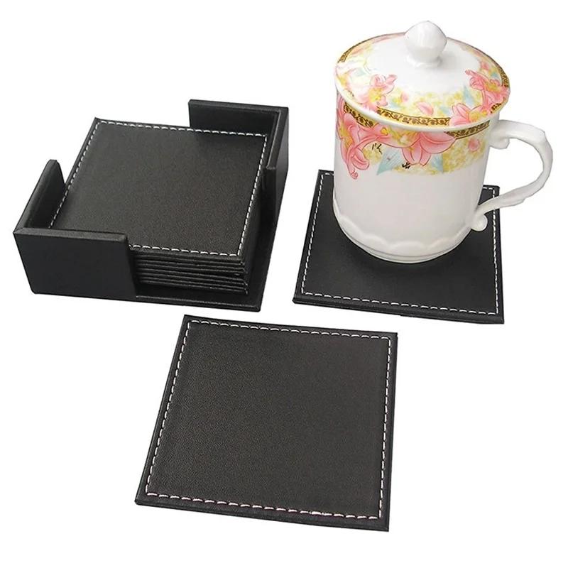 6pcs Fashion Desk Decoration Square Shape Leather Tea/Coffee Cup Pad Small Coaster Suitable Household Kitchen Water Cups Tool