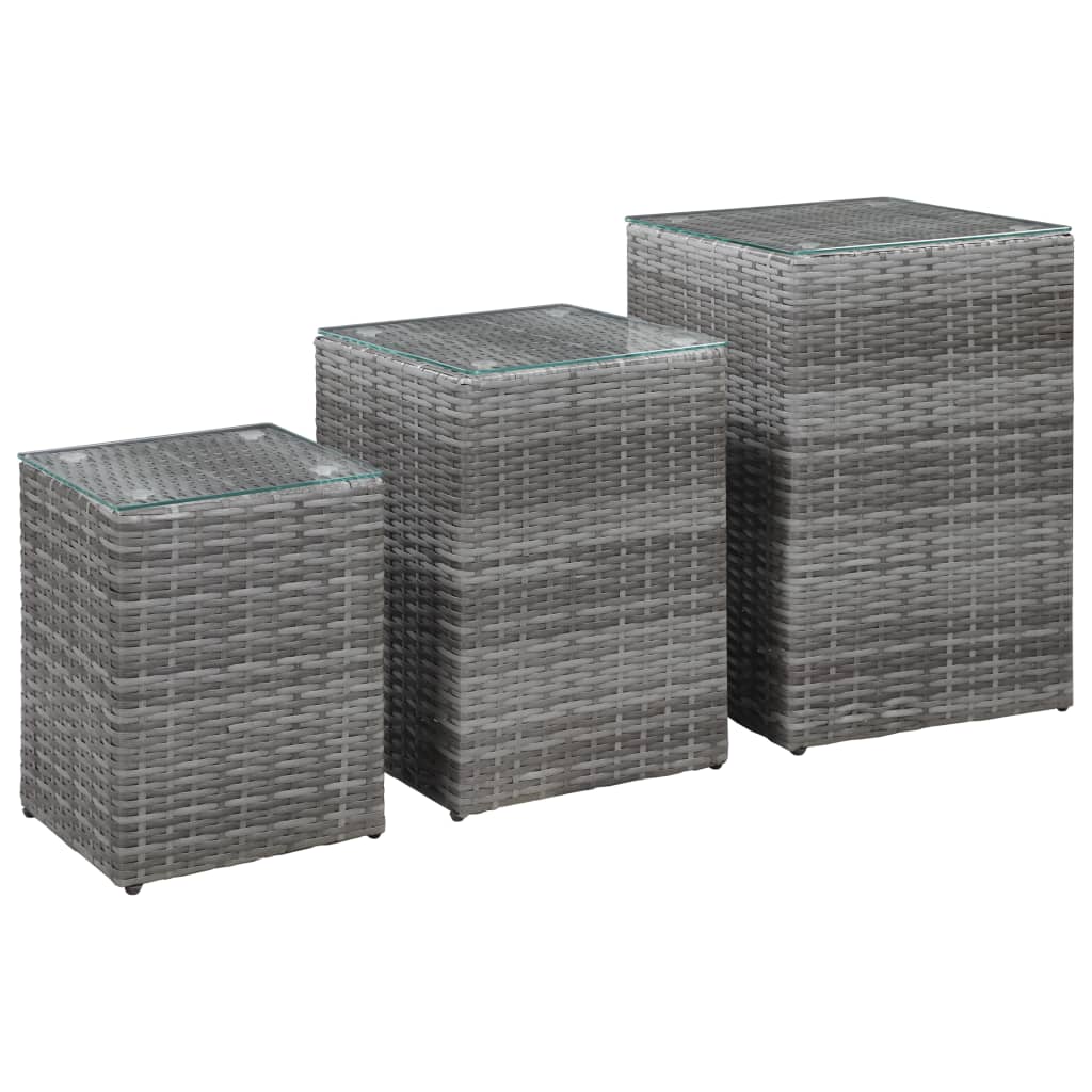 Beistelltische Set aus 3 Stück mit Glasplatten Grau Poly-Rattan