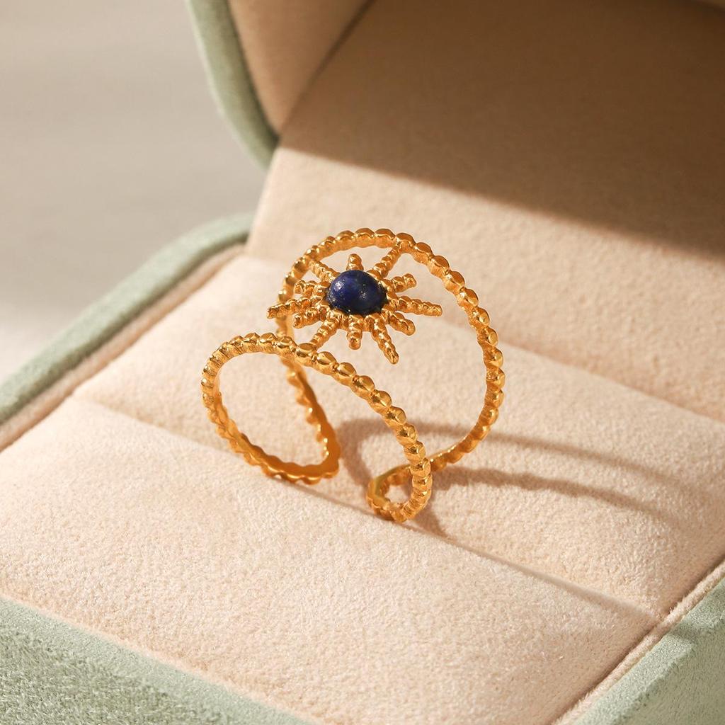 Eight-Pointed Star Natural Stone Sun Ring: Luxury Titanium Steel Open Design