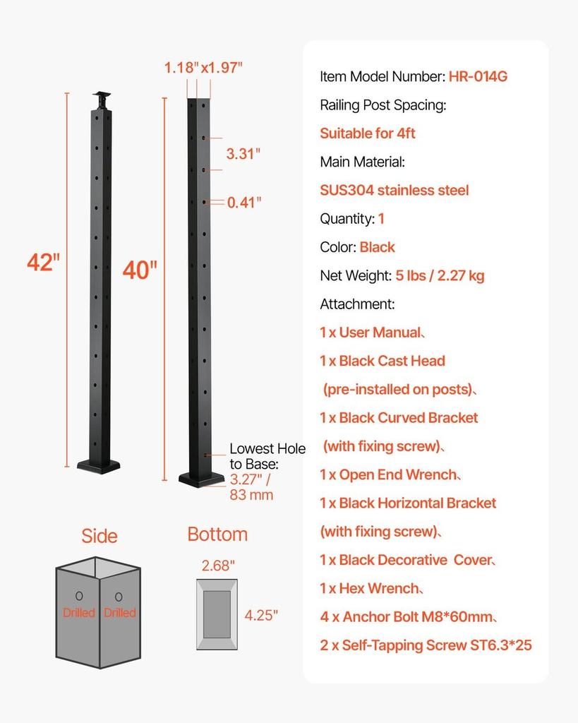 VEVRO Cable Railing Post 42x1x2 Inch with L-Shaped Holes 1JZLGZXHS10607YXO001V0