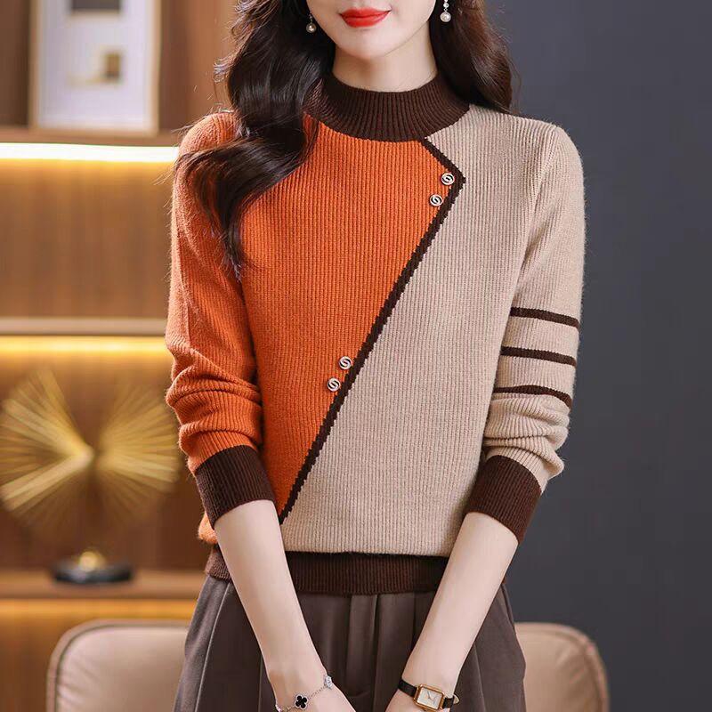 Maglione a collo alto a contrasto per donna da indossare in autunno e inverno. Nuova maglia base ispessita per l'inverno.