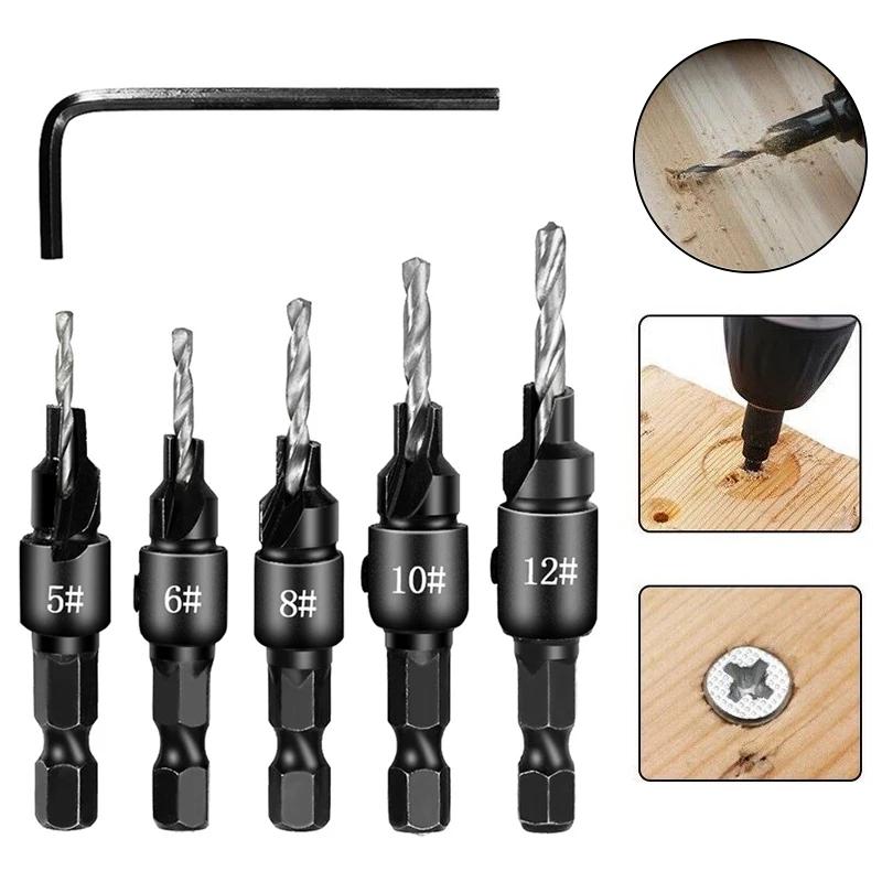 #5 #6 #8 #10 #12 Woodworking Hole Opener Hexagonal Screw Hardware Tool Countersink Drill Bit Taper Hole Drilling and Reaming