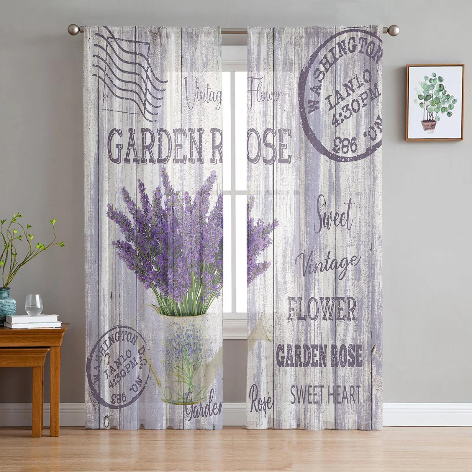 

Floral Lavender Kettle Vintage Postcard Wood Transparent Decorative Drapes Perfect for Living Room Decoration Window Panel Curtain Cooking Area W135 x H115cm x1&Rod Pocket