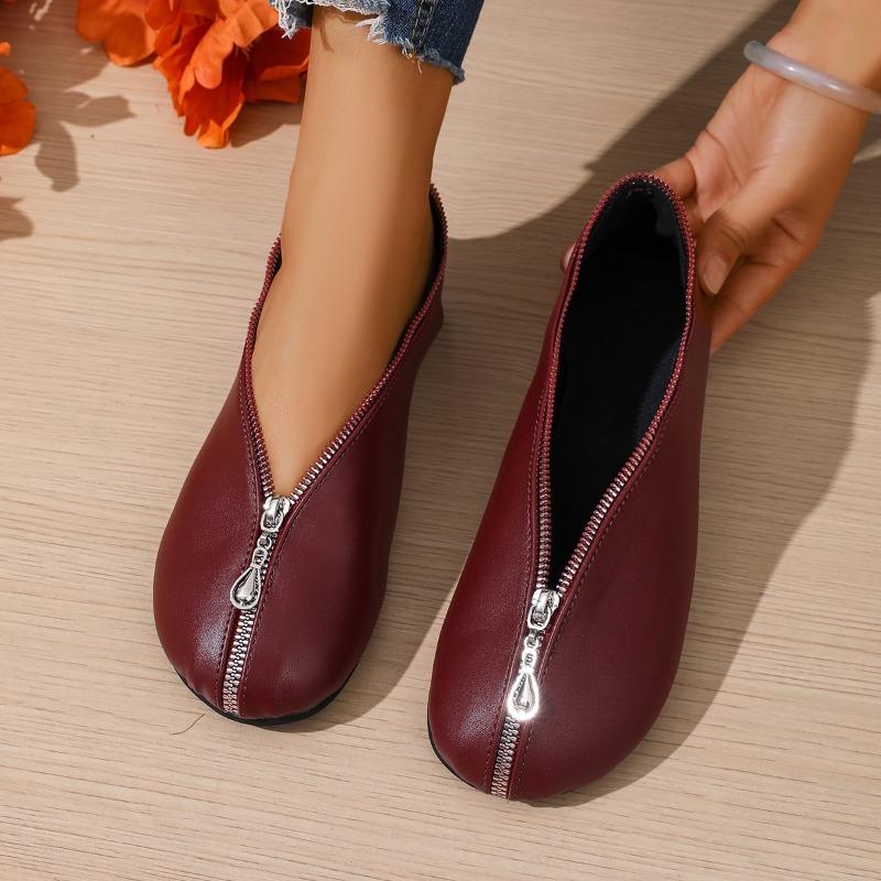

Plus Size Round Toe Shallow Mouth Lightweight Zipper Soft Sole Single Shoes Fashion Leather Non-Slip Flats 43 вина червоного кольору