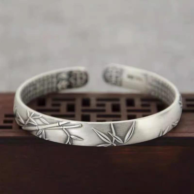S999 Sterling Silver Retro Matte Plum Blossom Lotus Ginkgo Leaf Openable Women's Bracelet Bangle