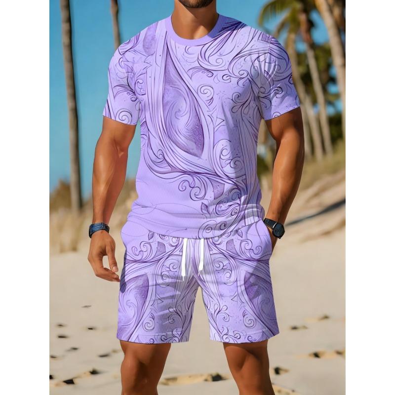 Men'S Digital Print 2pcs Set, Men'S Round Neck Short Sleeve T-Shirt And Shorts Outfit, Breathable Athletic Casual Style, Perfect Holiday Gift for Men