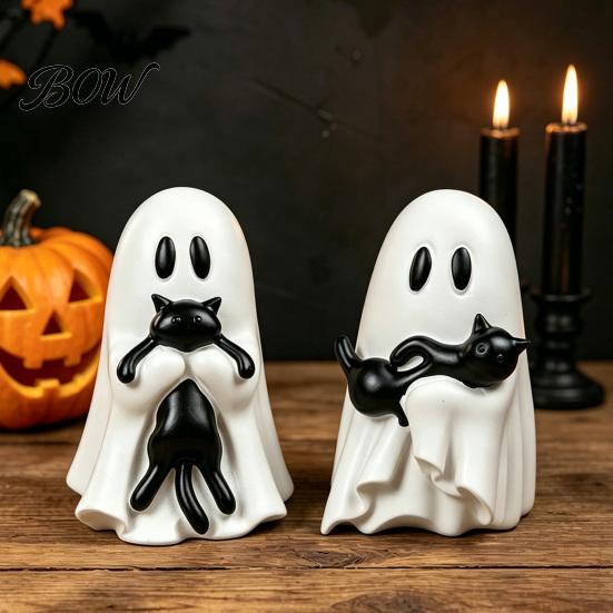 Miniature Ghost And Cat Craft Halloween Ornament, Hugging A Black Sculpture, Whimsical Figurine Resin Unique Figurine, for Home Bedroom Entrance