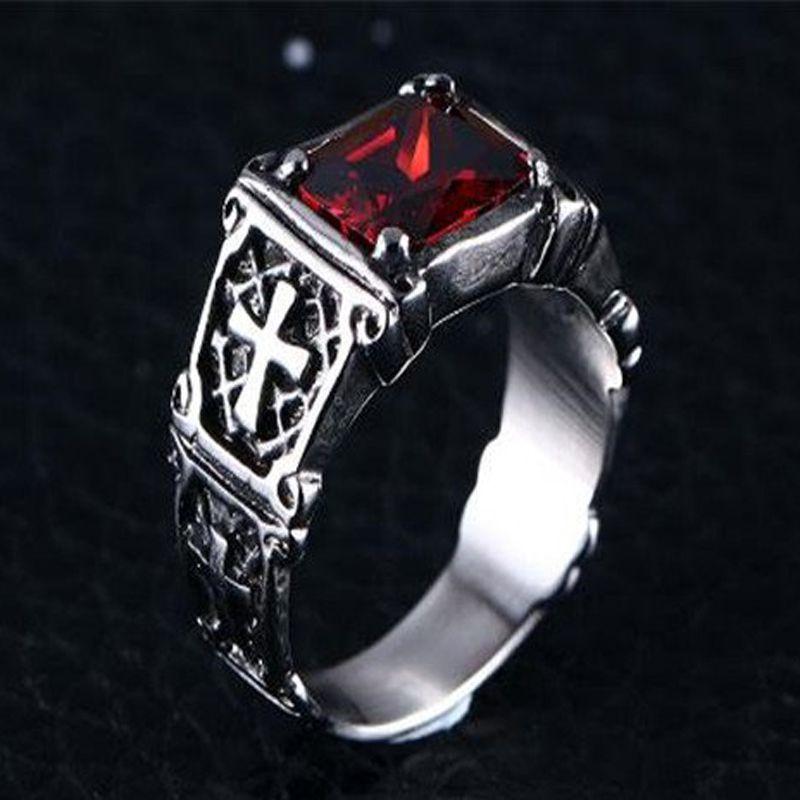 Unique Fashion Vintage Red Onyx Thor Men's Stainless Steel Gothic Style Ring
