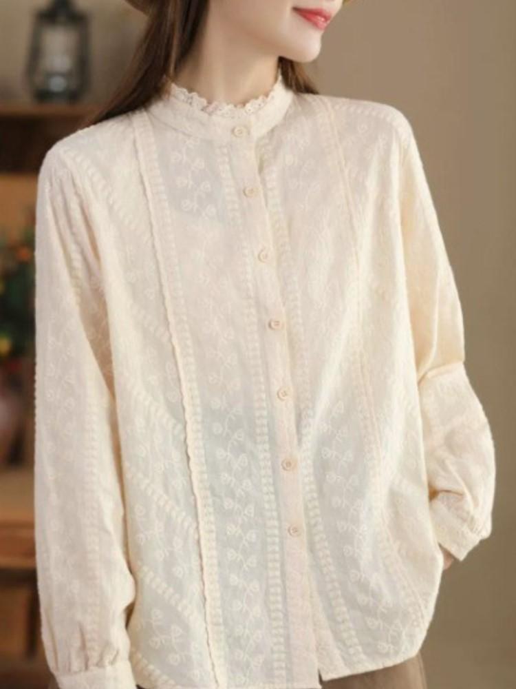 

Johnature женские винтажные рубашки с вышивкой и цветочным принтом, топы с длинными рукавами и пуговицами, весенние блузки, однотонные рубашки One Size бежевый