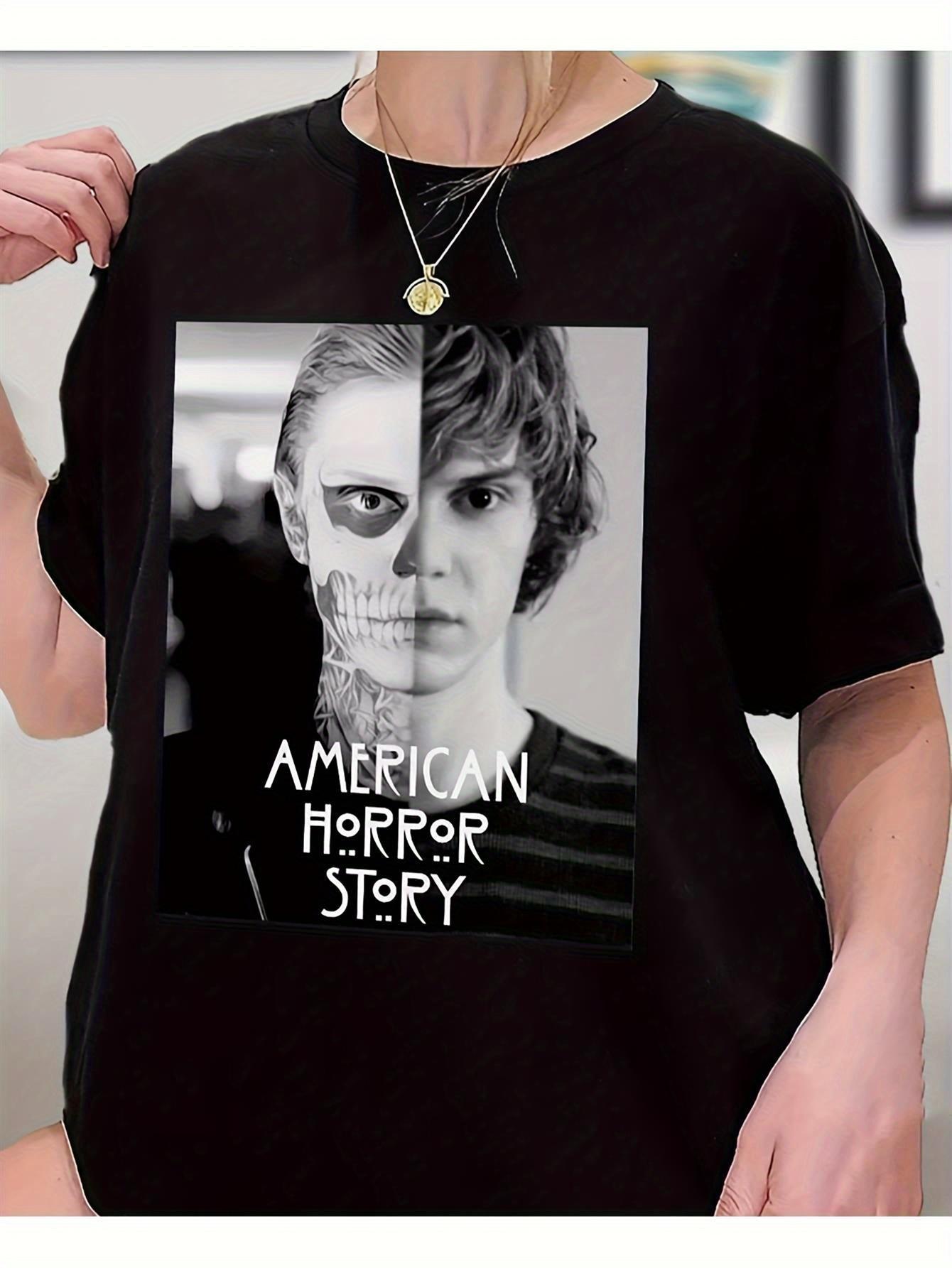 

American Horror Story Graphic T-Shirt- Black Split Face Tate& Skeleton Design with Bold AHS Logo S