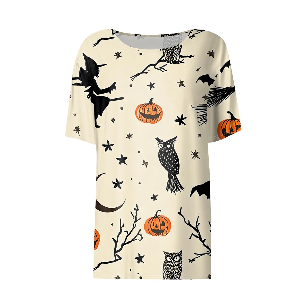 Women's Casual Short Sleeve Pullover Top Halloween Print Bat Pumpkin Ghost Spider Web Round Neck Shirt