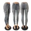 Mode Plissee Bleistiftjeans Mittelhoch Damen Seitentaschen Patchwork Denimhose Damen Slim Fit Pendlerhose Trend Streetwear
