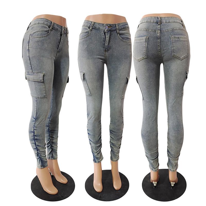 Mode Plissee Bleistiftjeans Mittelhoch Damen Seitentaschen Patchwork Denimhose Damen Slim Fit Pendlerhose Trend Streetwear
