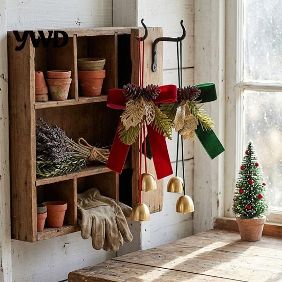 Vintage Style Holiday Gift Sets Christmas Bow Bell Hanging Ornament, Velvet Festive Wreath Decor for Ornaments Tree Home Party, Door Window
