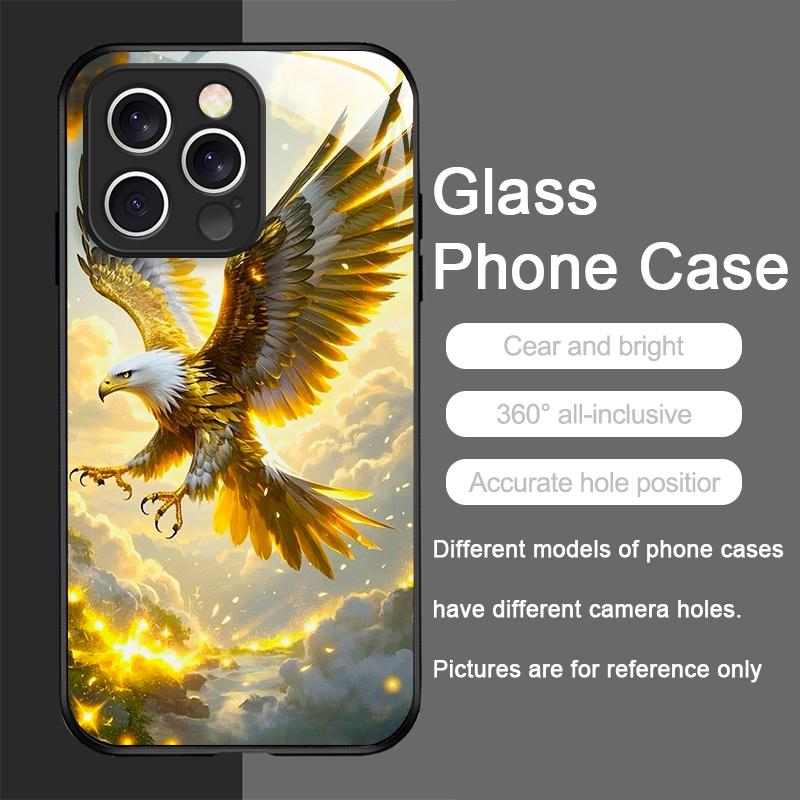 Stylish Eagle Golden Diamond Pattern Tempered Glass Phone Case for IPhone 17 16 Pro Max 15 14 13 12 Mini 11 X XS 7 8 Plus Cover