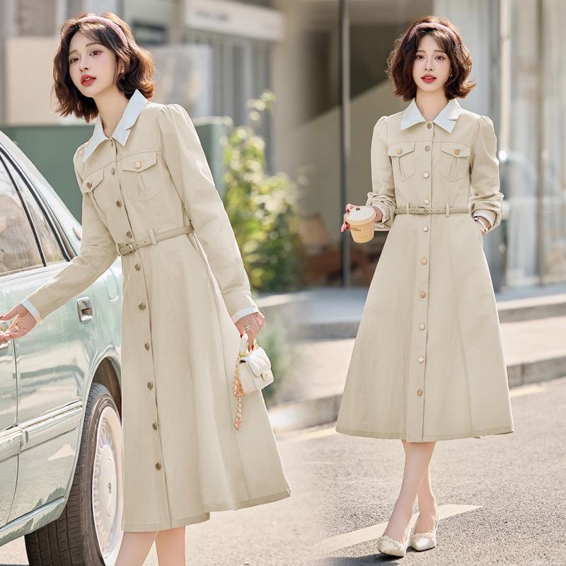 2025 Spring Women's Color Block Long Dress with Belt and Turn-Down Collar