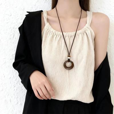 Vintage Geometric Ring Pendant Necklace Antique Zen Long Sweater Chain High-End New Chinese Safety Buckle Pendant