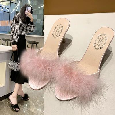 Fashion Newest Mules Sandals Women Summer Outdoor Slippers Square Toe High Heels Office Ladies Feather Slides Chic Classics Furry Shoes