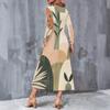 Women Plus Size V Neck Long Sleeve White Blue Printed A Line Midi Dress With Pockets