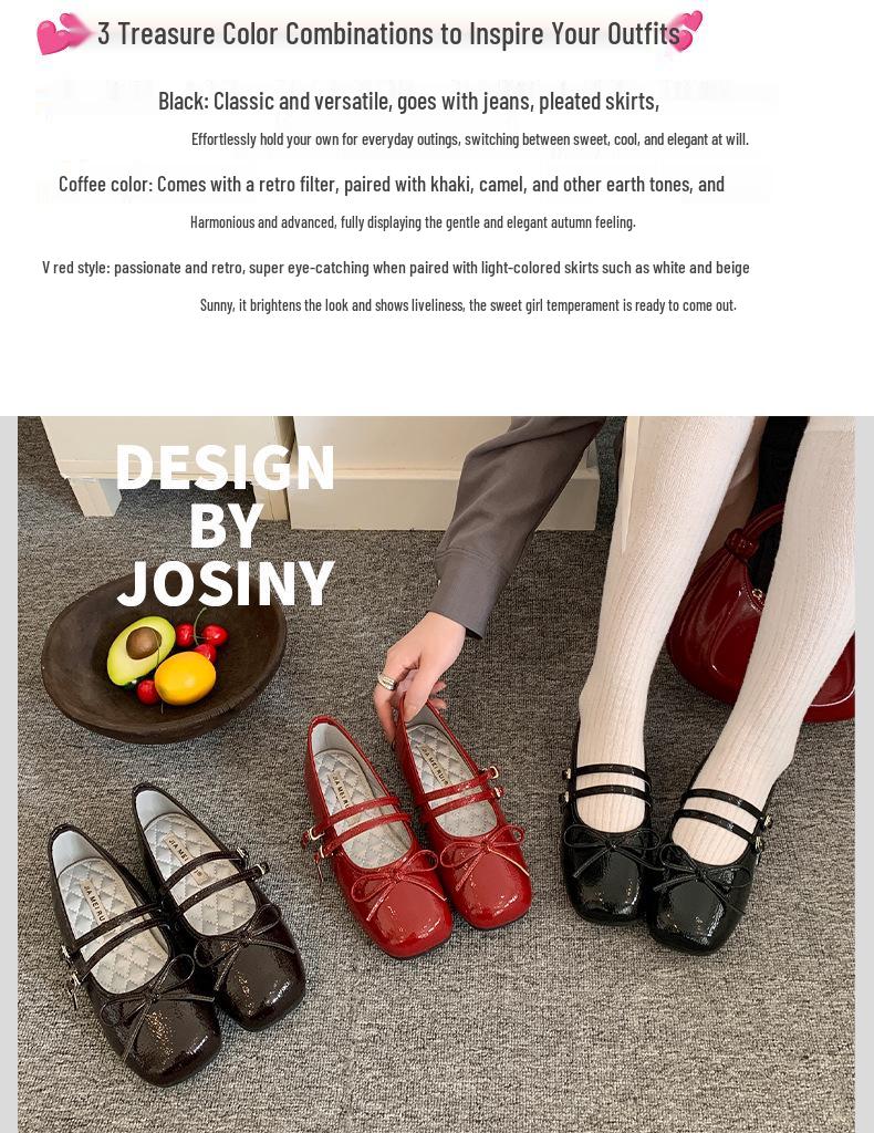 In Stock Rockfish Patent Leather Mary Jane Ballet Flats with Double Strap Bow - Women's Round Toe Low-Cut Shoes