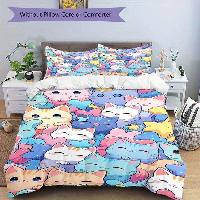 3pcs Cats Pastel Bedding Cover Set, Fashion Classic Popular Print Bedding Set, Soft Comfortable, All Season Use, For Bedroom, Guest Rooma0819139