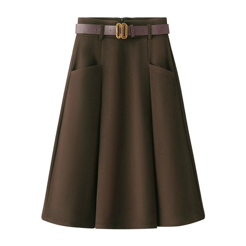 Women Fashion Woolen Mid Length Skirts Lady A-line Large Umbrella Skirt Spring Autumn Femme High Waist Pleated Maxi Skirt
