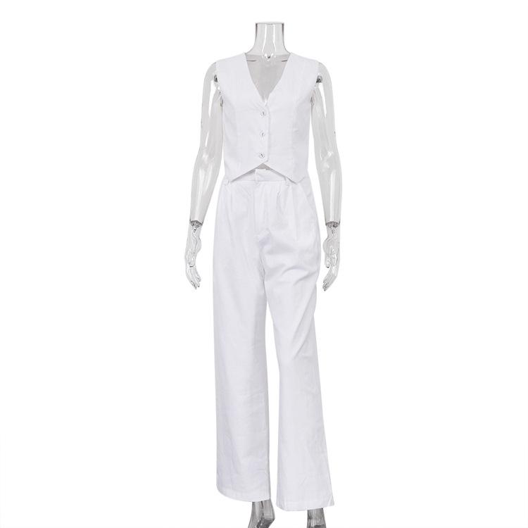 Women's Solid Color Linen Sleeveless Vest High Waist Wide Leg Pants 2 Piece Outfit Casual Co Ord Set