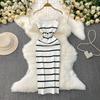 European and American Sexy Backless Sling Dress Women Summer New Elastic Striped Knitted Tight Slimming Sheath Long Dress