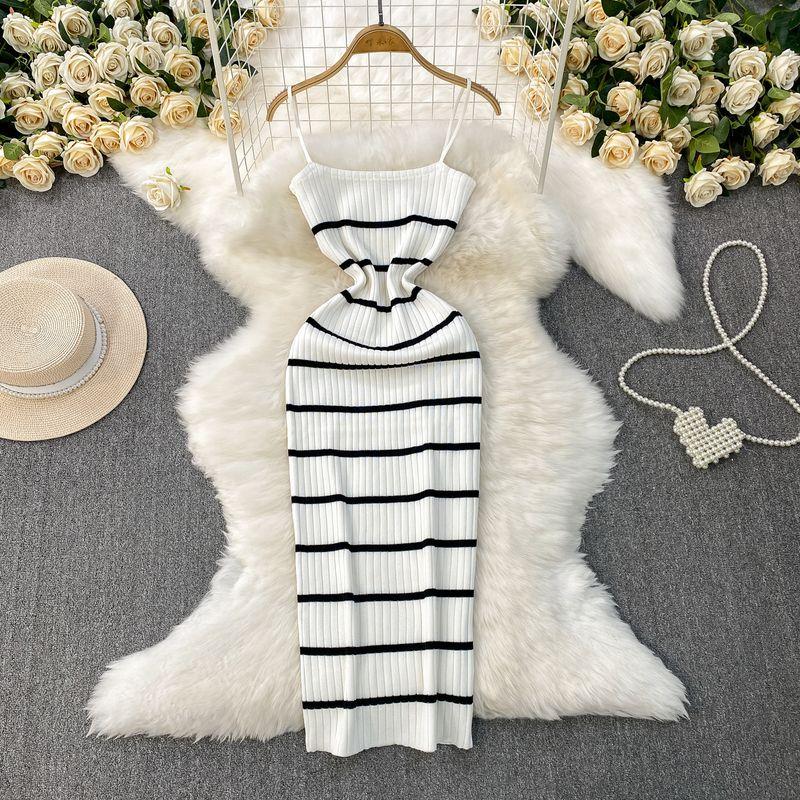 European and American Sexy Backless Sling Dress Women Summer New Elastic Striped Knitted Tight Slimming Sheath Long dress