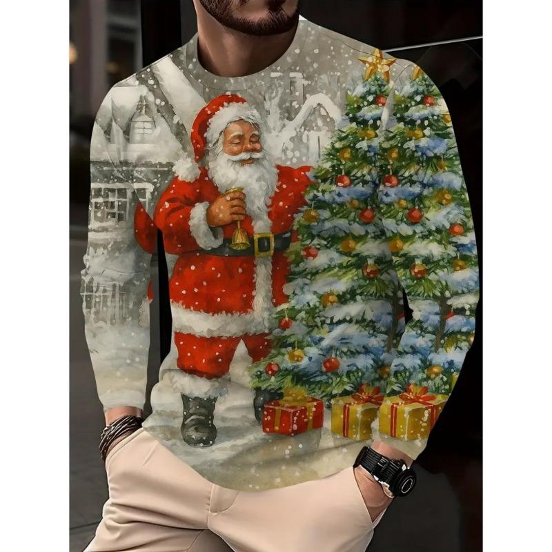 Men's T-Shirt Santa Claus 3D Print Christmas Men's Long Sleeve T-Shirts Casual Pullover Top Holiday Comfortable Men's Clothing
