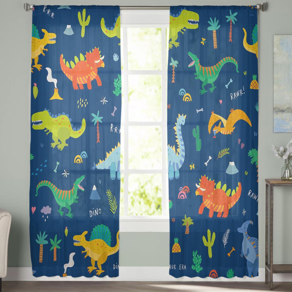 Kolorowe Kreskówkowe Dinozaury Niebieskie Przezroczyste Zasłony Salon Okno Tiulowe Zasłony Do Sypialni Kuchni Dekoracja Domu Woalowe Draperie