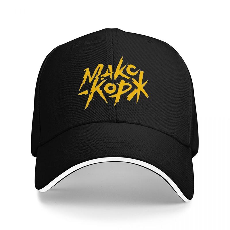 MAKC KOPX Logo Black Baseball Cap with Bold Yellow Design Streetwear Style Adjustable Hat for Urban Fashion Enthusiasts