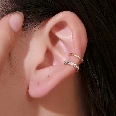 1Pc Women Rhinestone Double Layer Ear Cuff Clip On Earring Non Piercing Jewelry