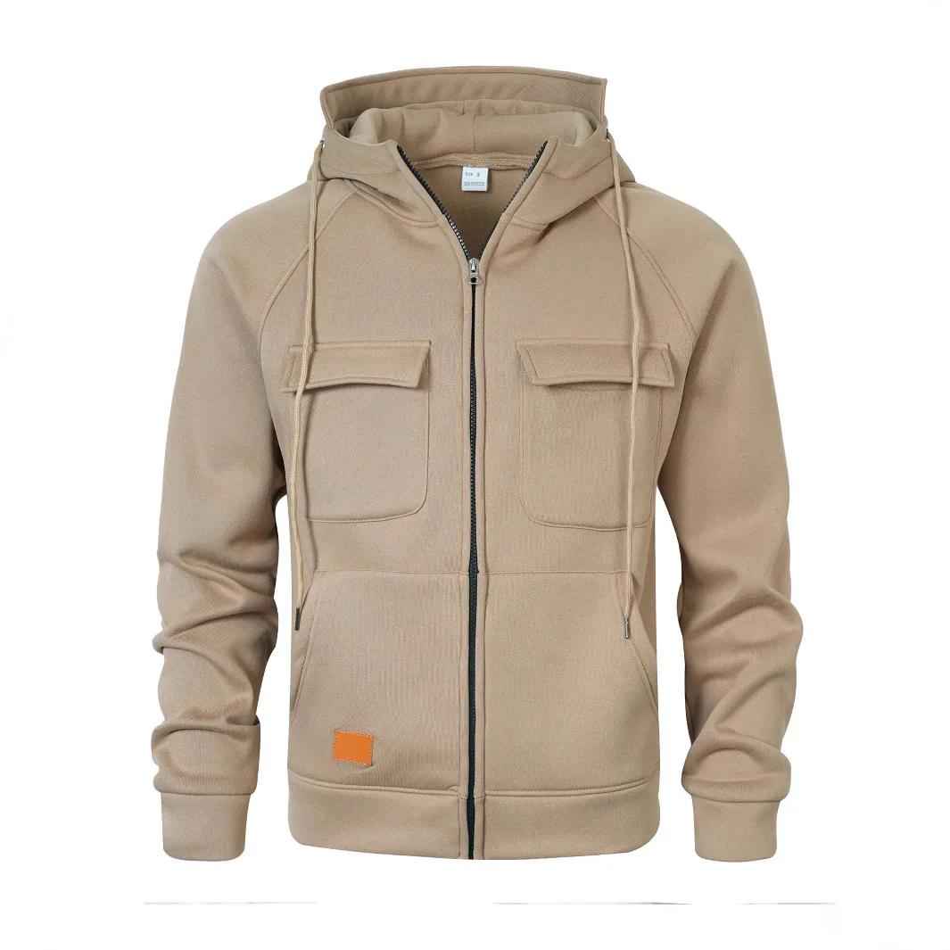 

Autumn Winter Retro Loose Hooded Sweatshirt Men Solid Color Zipper Hoodies Men M