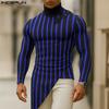 Autumn Men's High Neck Long Sleeve Patchwork Striped Irregular Casual T-shirts Undershirts