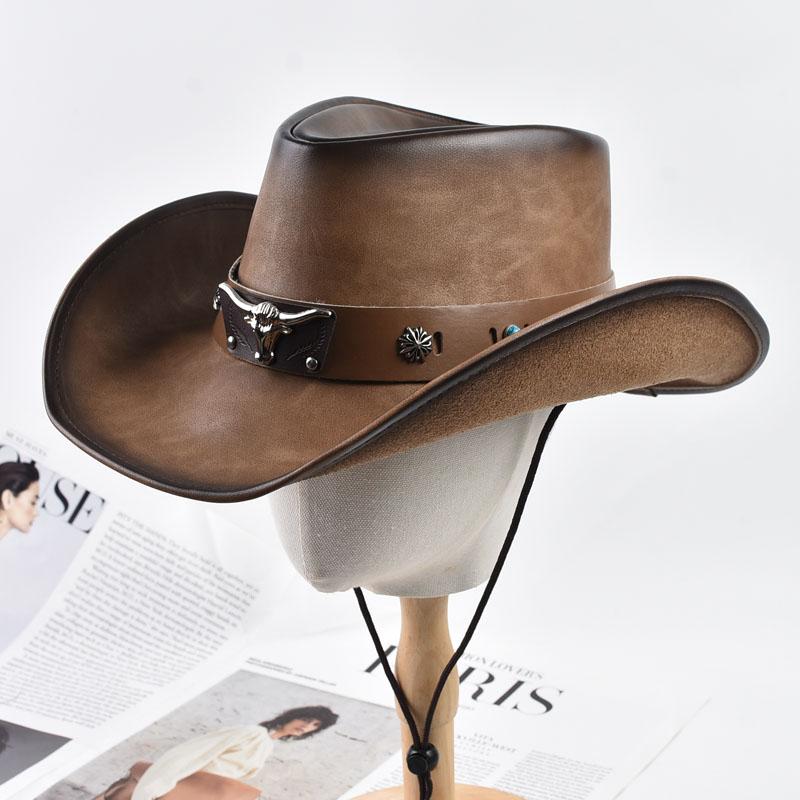 100% Leather Western Cowboy Hat For Men Women Vintage Roll Brim Knight Hat Gentleman Church Cap Sombrero Hombre