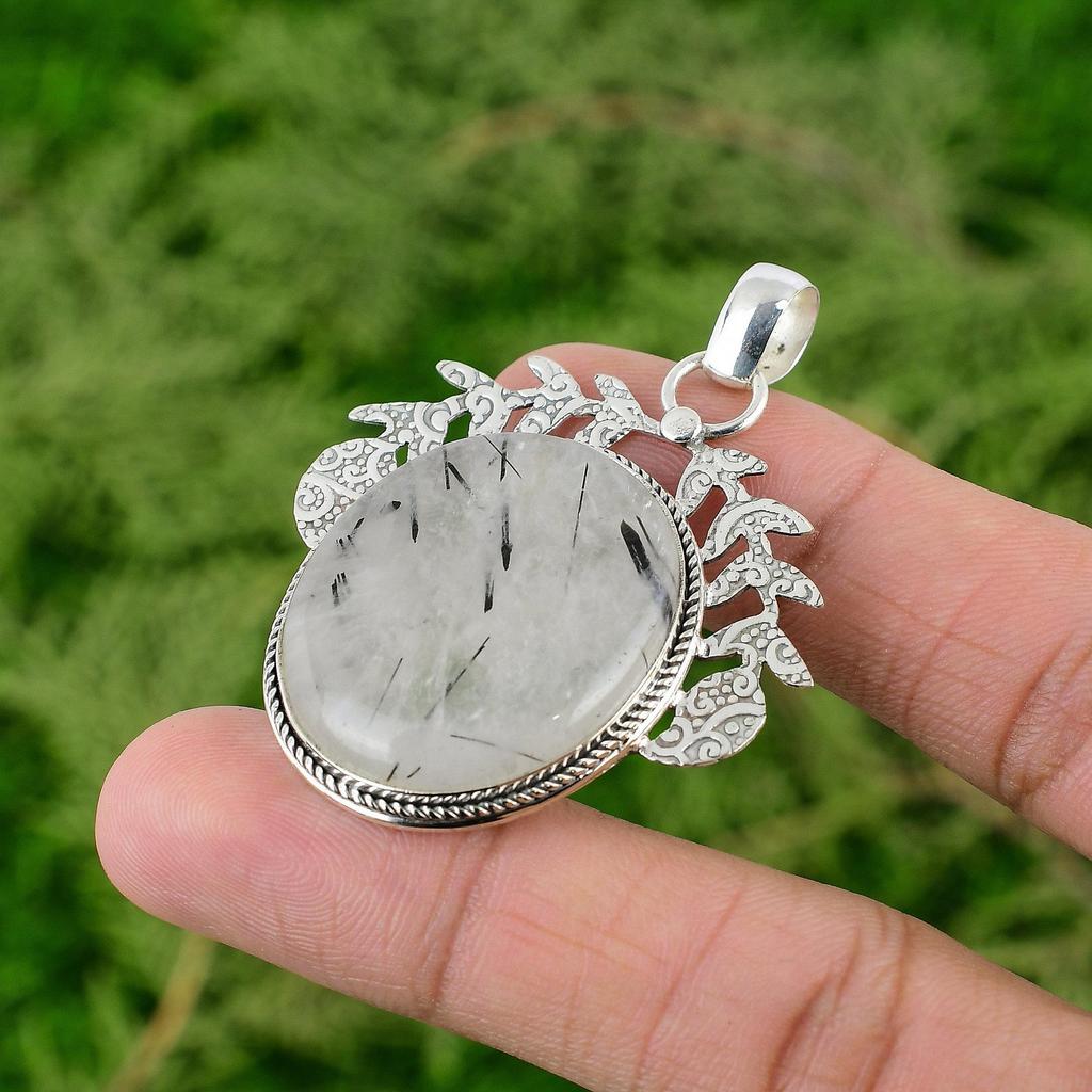Daughters Day Deal 925 Silver Natural Black Rutilated Quartz Handcrafted Pendant
