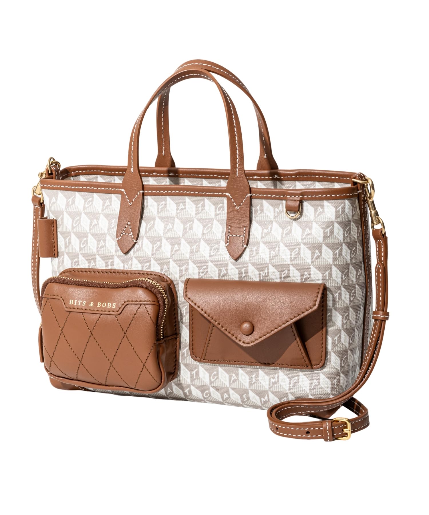 

Tote Bag I am a Plastic Bag Tote XS Multi Pocket in Recycled Canvas with Smooth Eco Leather [Anya Hindmarch] Women s Chalk/Cognac [Used]