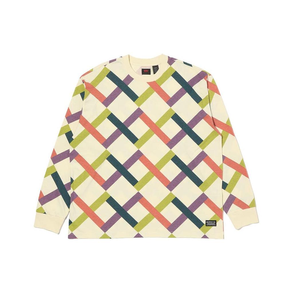 Levis Geometric Pattern Cross Round Neck Long Sleeve T-Shirt Men Tops Beige A1006-0005