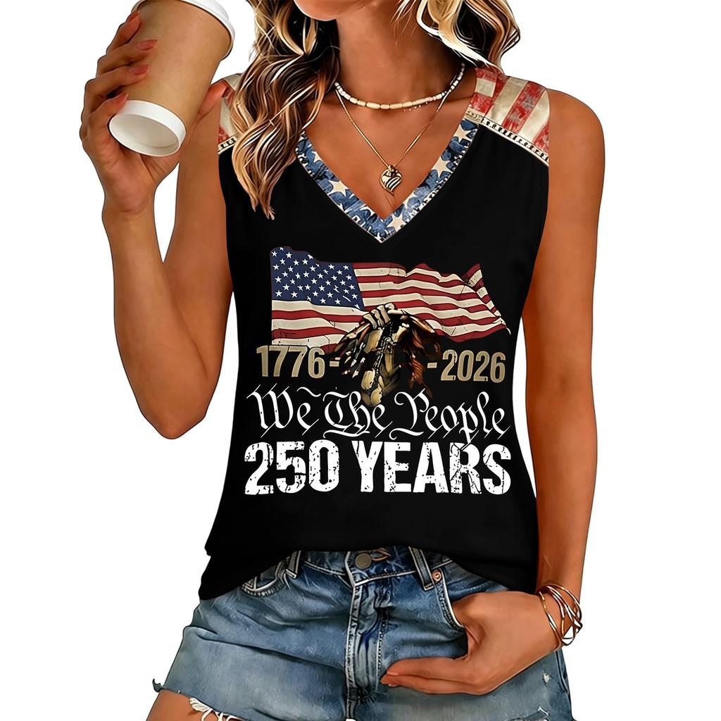 Women’s V Neck Sleeveless Casual Independence Day Butterfly Print Top Patriotic Holiday Tank Shirt for Summer Outings