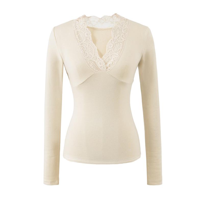 Korean Style Lace Trim V-Neck Slim-Fit Fleece Long Sleeve Women's Top