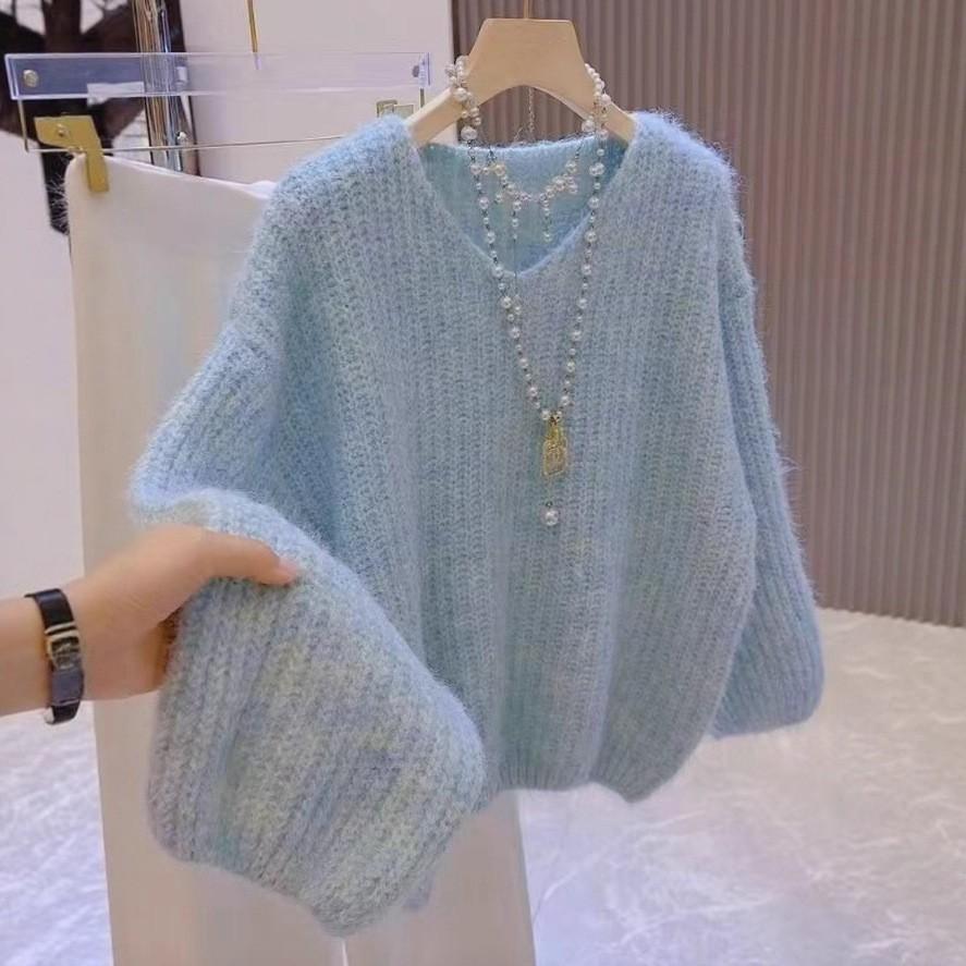 Autumn and Winter  V-neck Knitted Sweater Korean Loose Thick Long Sleeved Sweater for Women Design Sense
