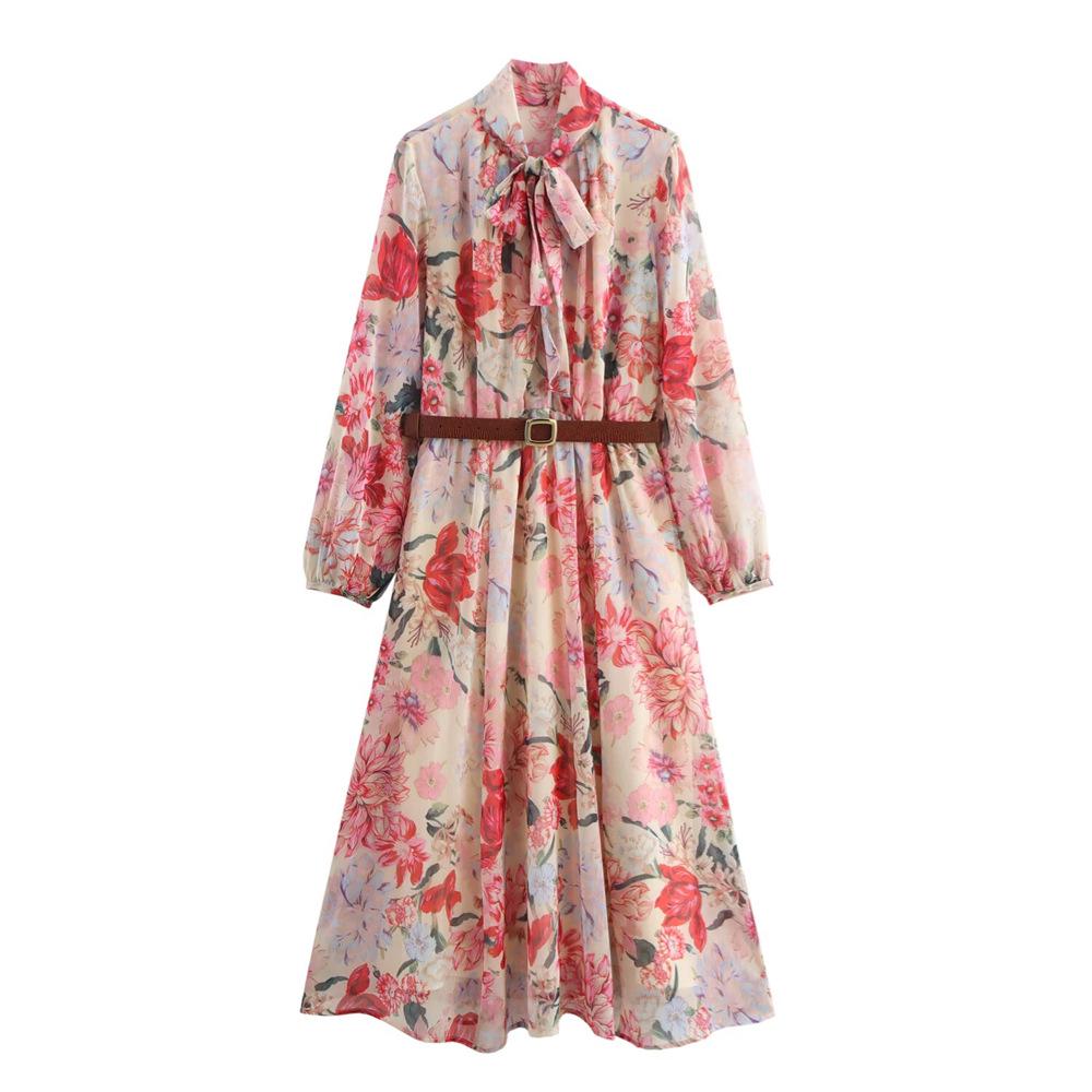 

2025 Spring Floral Print Long-Sleeve Dress with Belt & Bow Neckline S цветочный