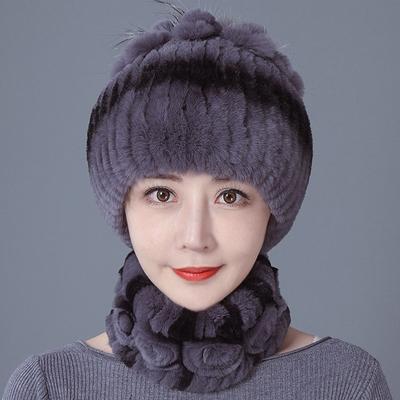 Kaninchenfellmütze Damen Wintermode vielseitig warm Winter Ohrenschutz Rexkaninchenfell Schal zweiteiliges Set Fell Fellanzug