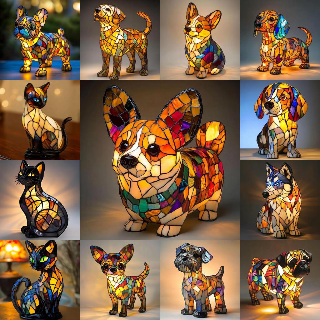 Gatto Cane Figurine in Resina Lampada LED con Interruttore di Alimentazione USB per Decorazione Soggiorno