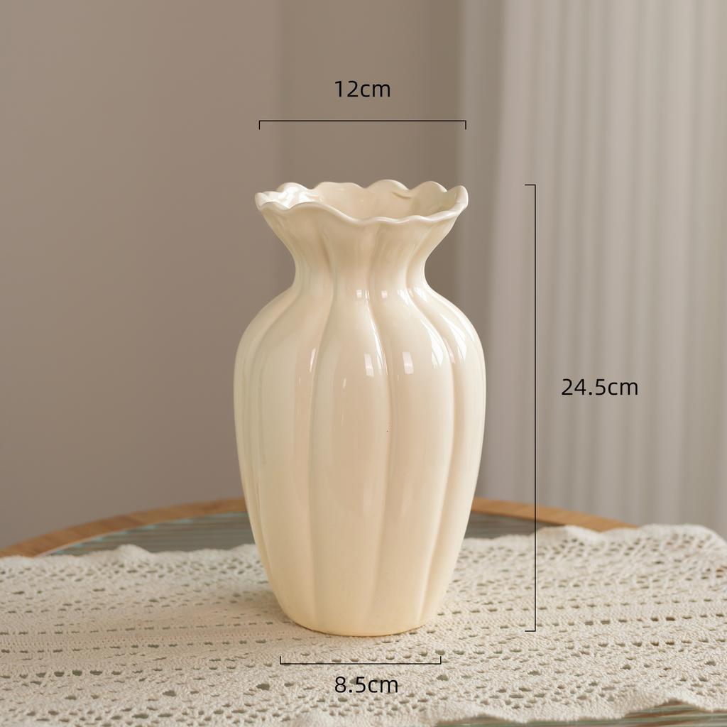 Creative Stripe Vases Decor, Ceramic, Home Bedroom Living Room Study, Flower Arrangement Table Decorations Cream Style Vase, 1Pc