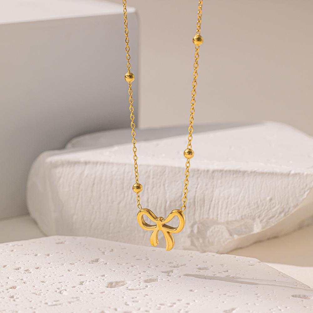 Korean Style Sweet Bow Pendant Geometric Snake Chain Titanium Steel Jewelry Set for Women