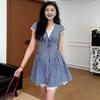 Summer French Lace Splicing Plaid V-neck Dress Large Size Women's Clothing Slim-fitting Waist Pinch Bubble Sleeve A-shaped Skirt