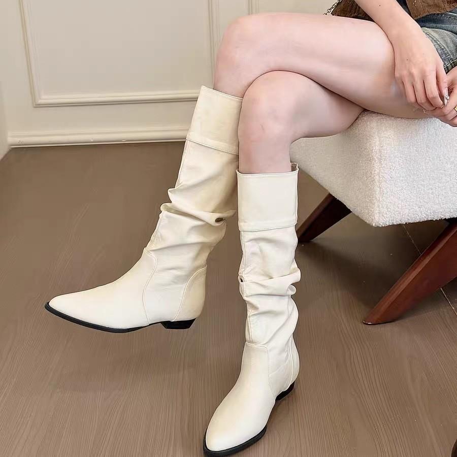 2025 New Autumn and Winter Stacking Boots Women's Inner Height Increase High Boots But Knee Boots Small Square Head Versatile Knight Boots